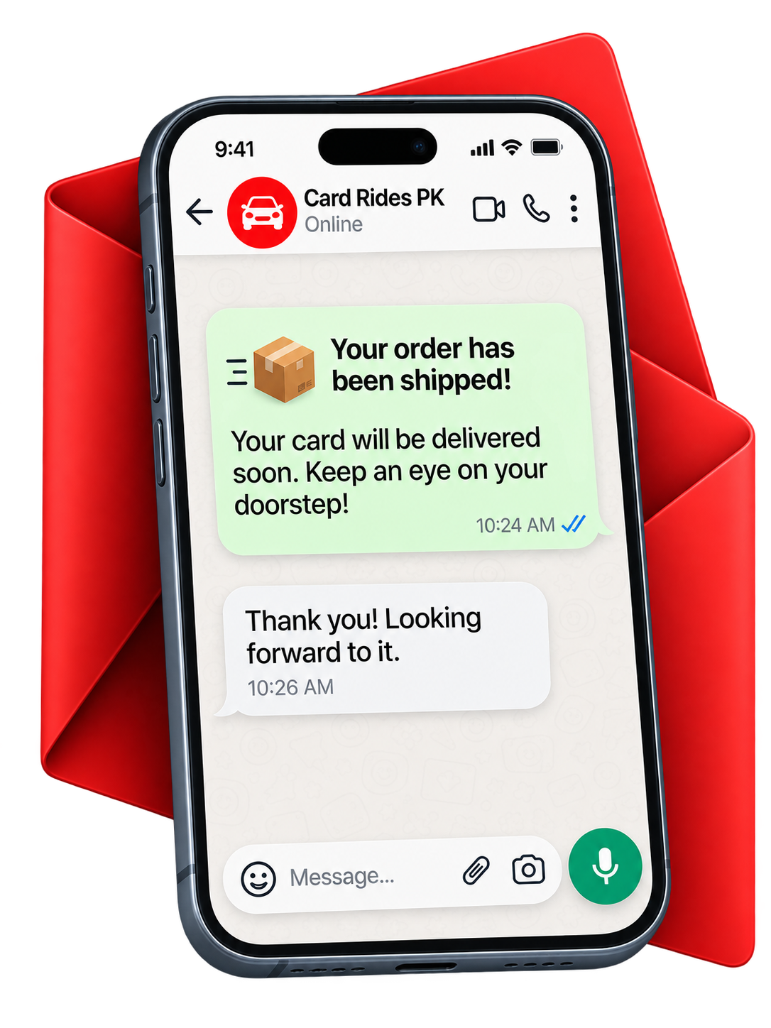 Smartphone showing a WhatsApp chat with an order shipment notification from Card Rides PK