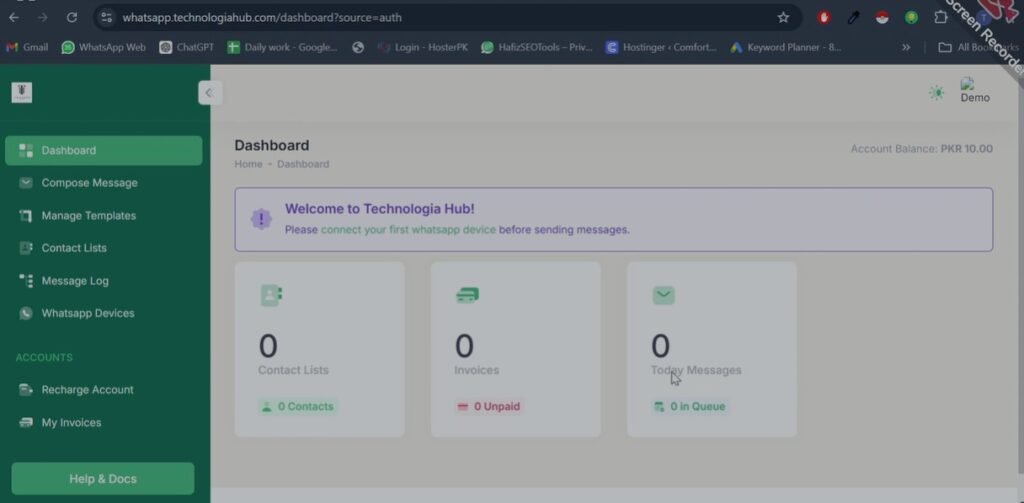 WhatsApp PBX overview dashboard showing account statistics