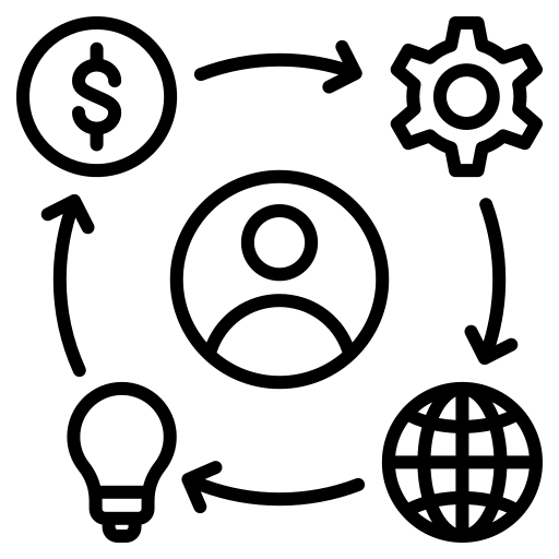 Icon of a person surrounded by business symbols — dollar coin, gear, globe, and lightbulb — representing a one-platform ecosystem