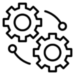 Two interlocking gears with connection nodes, representing open API integration