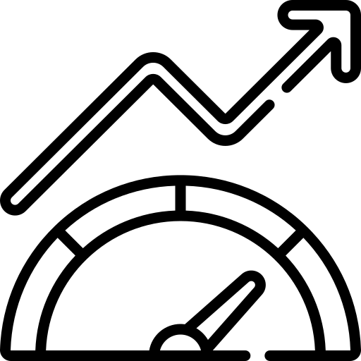 Speedometer gauge with an upward trending arrow, representing real-time performance visibility